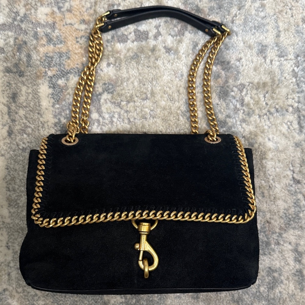 Rebecca Minkoff Edie Black and Gold Suede Shoulder Bag